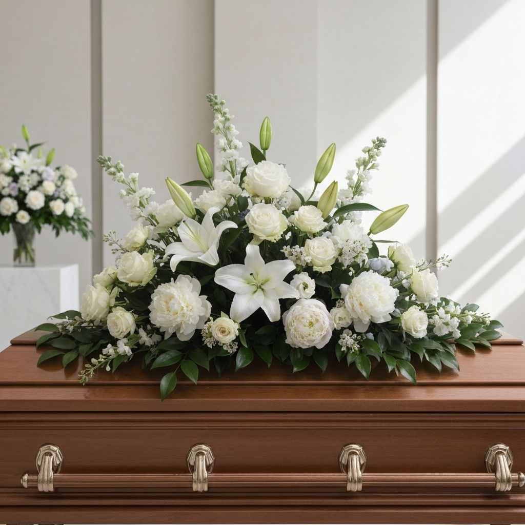 Elegant begravelsesbukett med hvite liljer og roser